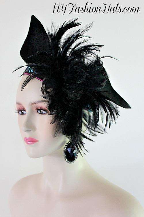 Women's Designer Black Wool Cloche Hat With Feathers, Black Pillbox Fashion Church Hat Hats, Art Deco, 1920's Flapper Winter Wool Hat, Bridal Wedding Couture Headpiece, Holiday Hats