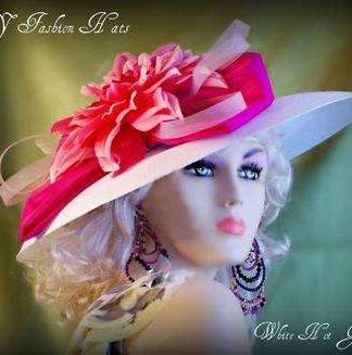Ladies White Hot Pink Wide Brim Kentucky Derby Hats, Hats For Church Woman, Women's Designer Hats, Ladies Fashion Hats, Bridal Couture Millinery Headwear Wholesale