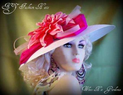 Ladies White Hot Pink Wide Brim Kentucky Derby Hats, Hats For Church Woman, Women's Designer Hats, Ladies Fashion Hats, Bridal Couture Millinery Headwear Wholesale