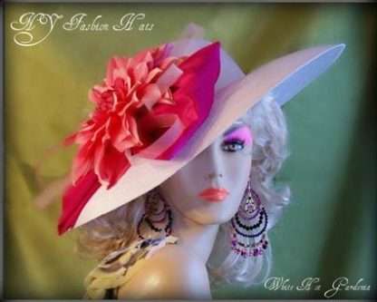 Hot Pink White Woman's Dress Hat Hats, Elegant Kentucky Derby Hats, Ladies Derby Hats, Bridal, Weddings, Formals, Summer Sun Hats Runway Fashion