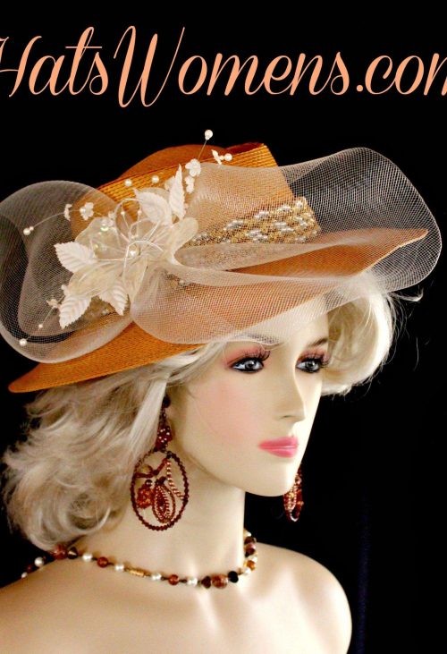 Ladies Antique Metallic Gold White Ivory Western Hat, Fashion Designer Hats