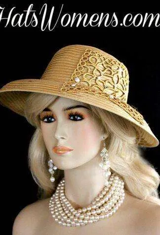 Antique Gold Satin Pearl Rhinestone Applique Designer Wedding Couture Hat, Bridal Church Derby Hats