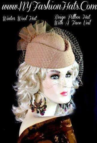 Ladies Camel Beige Designer Winter Wool Pillbox Hat Hats, Fashion Hats, Hats For Weddings, Dress Hats For Women, Women's Designer Hats, Special Occasion Hats With Veils