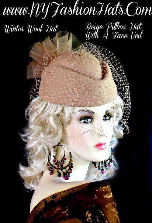 Ladies Camel Beige Designer Winter Wool Pillbox Hat Hats, Fashion Hats, Hats For Weddings, Dress Hats For Women, Women's Designer Hats, Special Occasion Hats With Veils