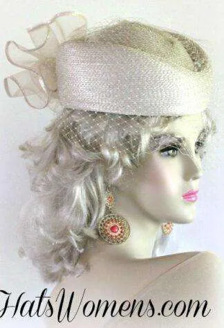 Beige Designer Pillbox Wedding Special Occasion Hat, Women's Hats NY