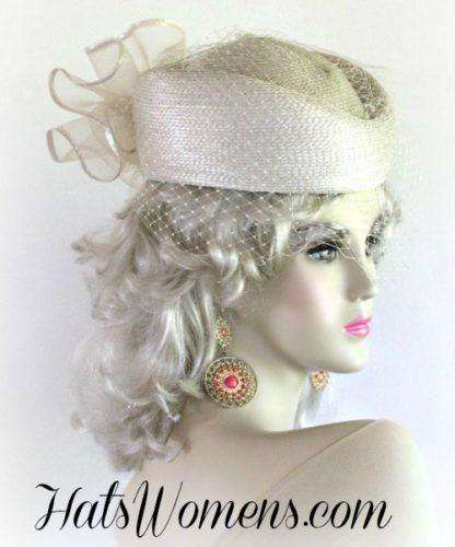 Beige Designer Pillbox Wedding Special Occasion Hat, Women's Hats NY