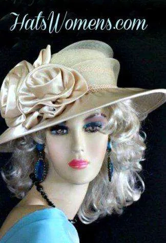Woman's Champagne Beige Wide Brim Satin Bridal Designer Wedding Hat, Church Fashion Occasion Hats