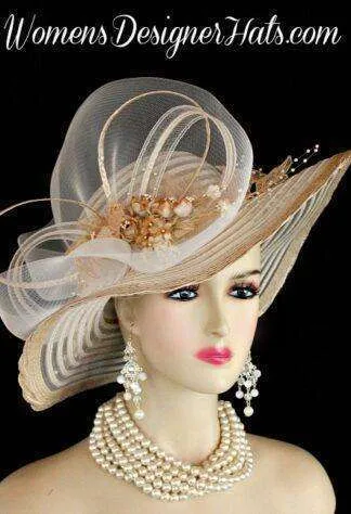 Dress Hats For Women, Kentucky Derby Hats, Hats For Horse Races, Haute Couture Fashion Hats, Formal Wedding Hats, Bridal Headpiece, Cocktail Hats, Mother Of The Bride Hats, Sinamay Straw Hats, Large Big Brim Hats, Hats For Horse Races, Church Sabbath Hats, Satin Hats, Pillbox Veil Hat, Beige Designer Fashion Wedding Hat Coffee Brown Roses Dress Hats