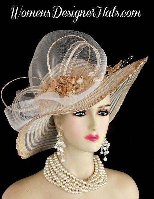 Dress Hats For Women, Kentucky Derby Hats, Hats For Horse Races, Haute Couture Fashion Hats, Formal Wedding Hats, Bridal Headpiece, Cocktail Hats, Mother Of The Bride Hats, Sinamay Straw Hats, Large Big Brim Hats, Hats For Horse Races, Church Sabbath Hats, Satin Hats, Pillbox Veil Hat, Beige Designer Fashion Wedding Hat Coffee Brown Roses Dress Hats