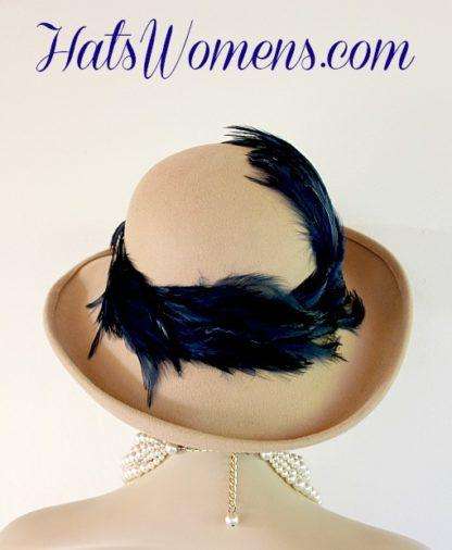 Ladies Beige Winter Wool Navy Blue Custom Designer Hat With Feathers, Autumn Fall Dress Fashion Hats - Image 4