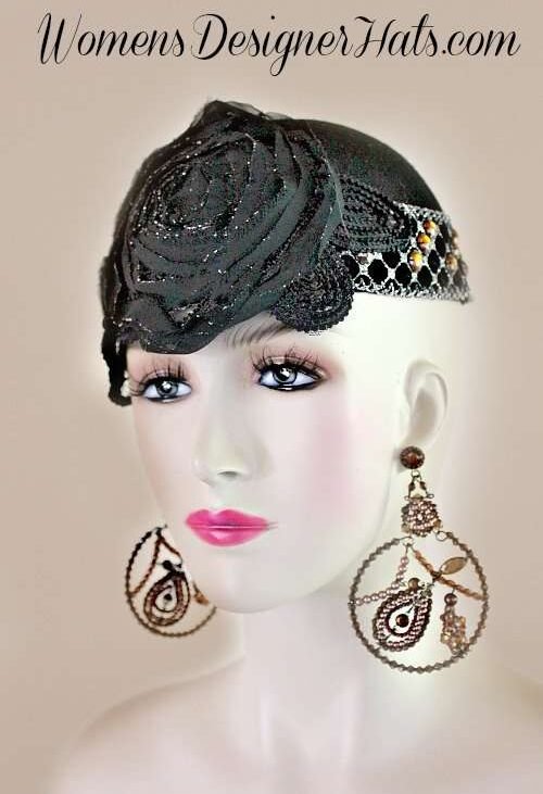 Ladies Formal Black Silver Orange Flapper Pillbox Hat Hats, Funeral Hats, Wedding Hats, Cocktail Hats, Winter Wool Black Silver Hat Hats