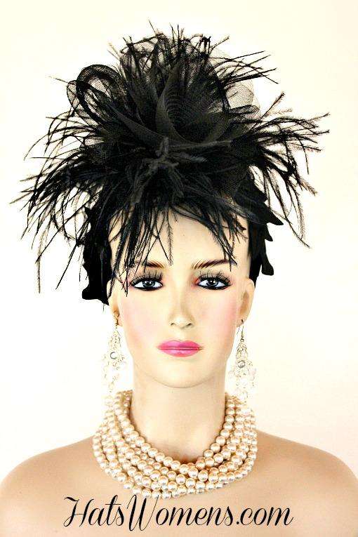 Black Sinamay Straw Cloche Flapper Vintage Wedding Bridal Cocktail Pillbox Hat, Designer Fashion Kentucky Derby Hats Feathers