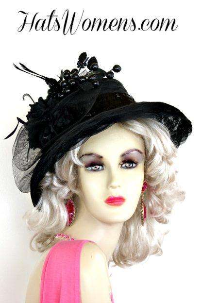 Women's Formal Black Cherry Designer Church Wedding Funeral Hat