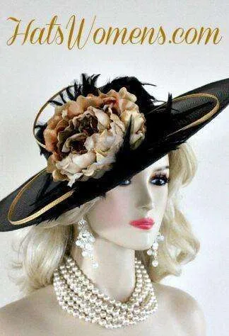 Ladies Black Gold Wide Brim Designer Fashion Feather Hat Beige Brown Flowers, Church Wedding Dress Derby Hats