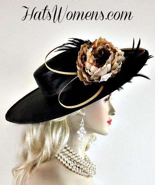 Ladies Black Gold Wide Brim Designer Fashion Feather Hat Beige Brown Flowers, Church Wedding Dress Derby Hats