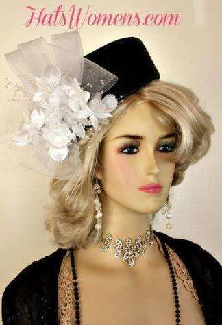 Black White Formal Floral Pillbox Bridal Wedding Church Hat