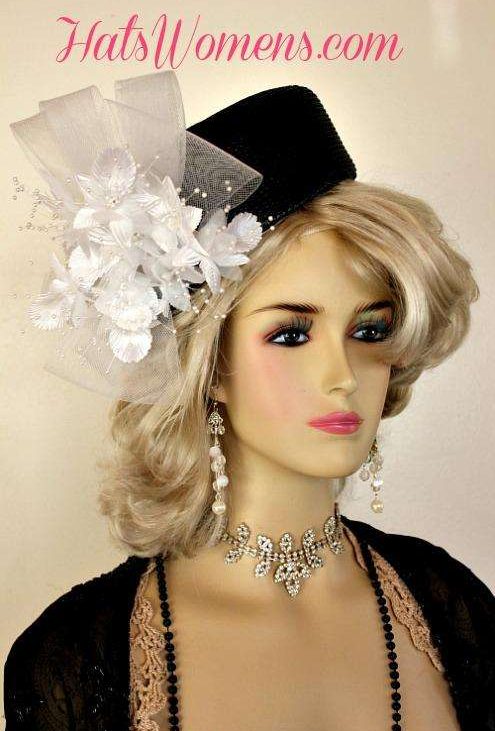 Black White Formal Floral Pillbox Bridal Wedding Church Hat
