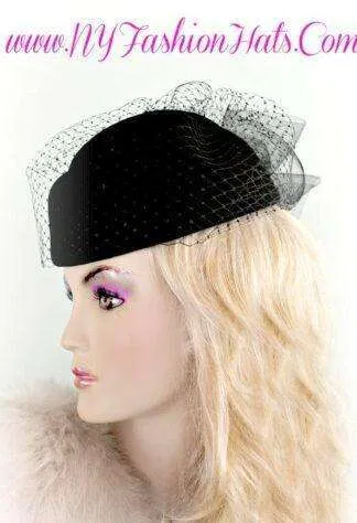 Ladies Black Winter Wool Pillbox Dress Hat With A Veil, Designer Hats For Women, Fashion Wedding Hats, Church Hats, Autumn Fall Cocktail Holiday Hats