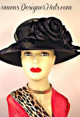 Woman's Black Wide Brim Satin Bridal Designer Wedding Funeral Hat, Church Fashion Occasion Hats