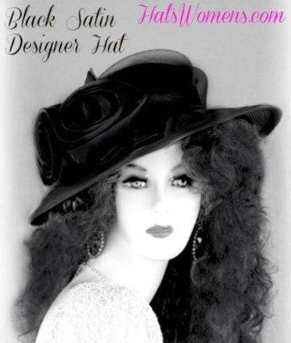 Woman's Black Wide Brim Satin Bridal Designer Wedding Funeral Hat, Church Fashion Occasion Hats