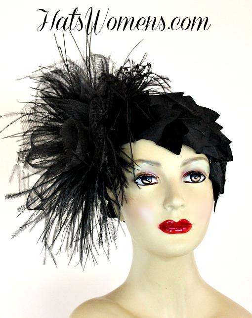 Black Sinamay Straw Cloche Flapper Vintage Wedding Bridal Cocktail Pillbox Hat, Designer Fashion Kentucky Derby Hats Feathers