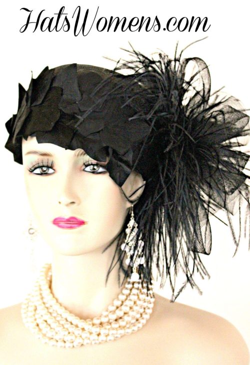 Black Sinamay Straw Cloche Flapper Vintage Wedding Bridal Cocktail Pillbox Hat, Designer Fashion Kentucky Derby Hats Feathers