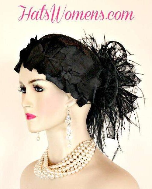 Black Sinamay Straw Cloche Flapper Vintage Wedding Bridal Cocktail Pillbox Hat, Designer Fashion Kentucky Derby Hats Feathers