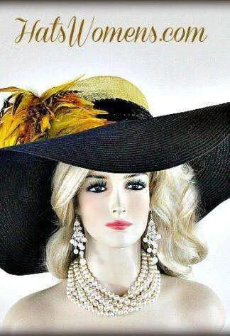 Ladies Black Yellow Straw Wide Brim Couture Kentucky Derby Hat Feathers, Wedding Church Preakness Stakes Hats