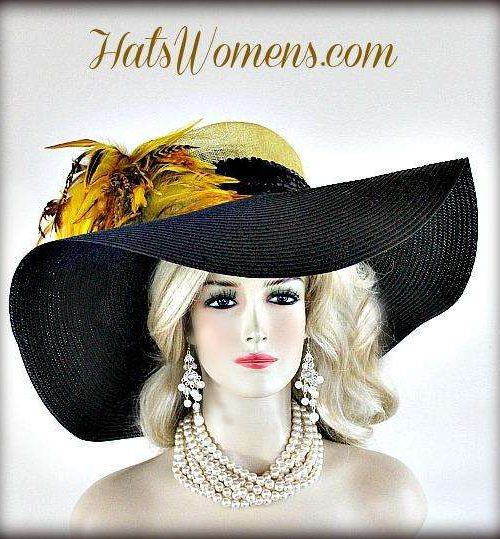 Ladies Black Yellow Straw Wide Brim Couture Kentucky Derby Hat Feathers, Wedding Church Preakness Stakes Hats