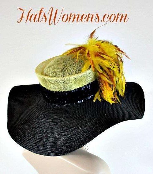 Ladies Black Yellow Straw Wide Brim Couture Kentucky Derby Hat Feathers, Wedding Church Preakness Stakes Hats 2 Ladies Black Yellow Straw Wide Brim Couture Kentucky Derby Hat Feathers, Wedding Church Preakness Stakes Hats