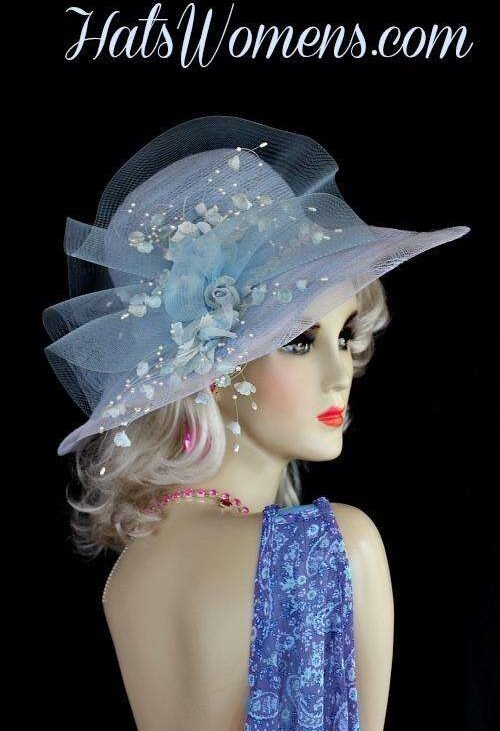 Dress Hats For Women, Kentucky Derby Hats, Hats For Horse Races, Haute Couture Fashion Hats, Formal Wedding Hats, Bridal Headpiece, Cocktail Hats, Mother Of The Bride Hats, Sinamay Straw Hats, Large Big Brim Hats, Hats For Horse Races, Church Sabbath Hats, Satin Hats, Pillbox Veil Hat, Ladies Baby Pastel Blue Designer Dress Wedding Fashion Church Hat