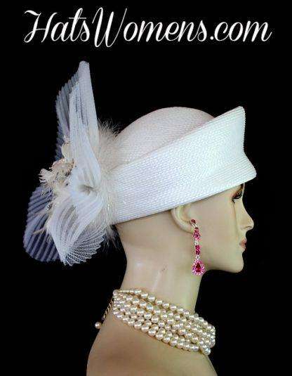 Women's White Pillbox Wedding Bridal Hat Headpiece, Formal Church Hats - Image 2