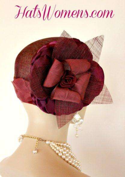 Burgundy Sinamay Straw Cloche Flapper Vintage Wedding Bridal Cocktail Pillbox Hat, Designer Fashion Kentucky Derby Hats