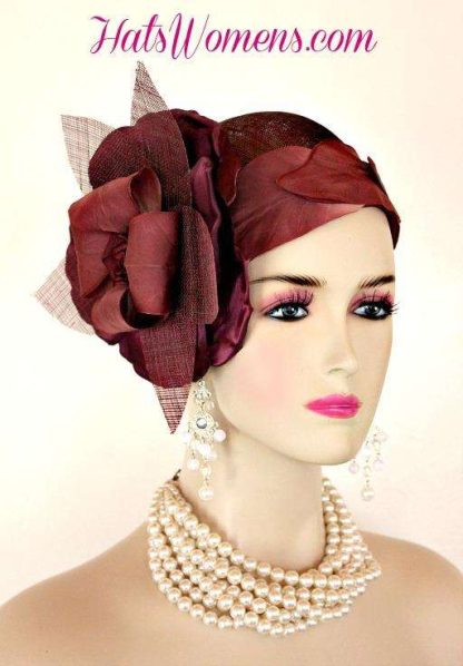 Burgundy Sinamay Straw Cloche Flapper Vintage Wedding Bridal Cocktail Pillbox Hat, Designer Fashion Kentucky Derby Hats