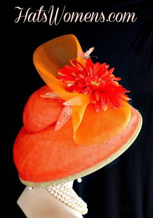 Ladies Coral Orange Metallic Gold Straw Lampshade Wide Brim Kentucky Derby Hat, Church Bridal Wedding Formal Hats