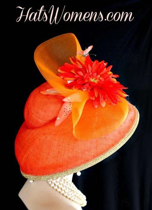 Ladies Coral Orange Metallic Gold Straw Lampshade Wide Brim Kentucky Derby Hat, Church Bridal Wedding Formal Hats