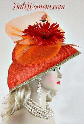 Ladies Coral Orange Metallic Gold Straw Lampshade Wide Brim Kentucky Derby Hat, Church Bridal Wedding Formal Hats