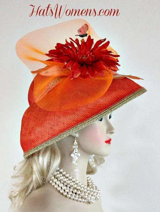 Ladies Coral Orange Metallic Gold Straw Lampshade Wide Brim Kentucky Derby Hat, Church Bridal Wedding Formal Hats