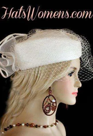 Ladies White Pillbox Veil Formal Designer Wedding Bridal Hat, Women's Dress Fashion Church Brides Hats