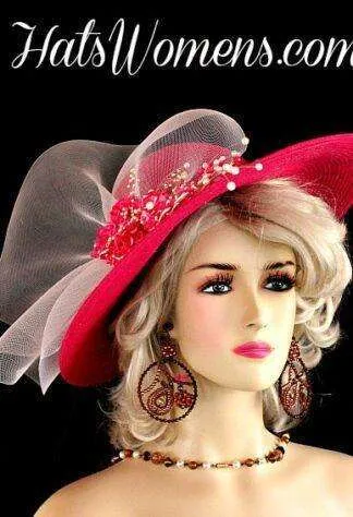 Fuchsia Magenta Hot Pink White Wide Brim Designer Derby Hat Wedding Hats