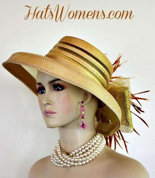 golddesignerhats_nyfashionhats_specialoccasionhats_kentuckyderbyhats_weddinghats_picturehat_womenshats.jpg Ladies Antique Gold Wedding Church Formal Dress Hat For Special Occasion