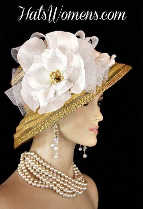 Metallic Gold White Sheer Brim Church Wedding Special Occasion Hat Women’s Designer Fashion Derby Hats 2 Metallic Gold White Sheer Brim Church Wedding Special Occasion Hat Women's Designer Fashion Derby Hats