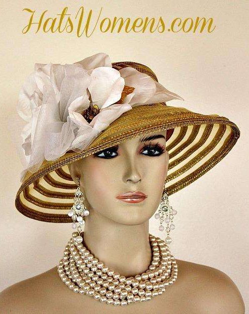 Metallic Gold White Sheer Brim Church Wedding Special Occasion Hat Women's Designer Fashion Derby Hats