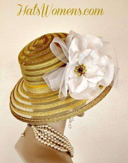 Metallic Gold White Sheer Brim Church Wedding Special Occasion Hat Women's Designer Fashion Derby Hats