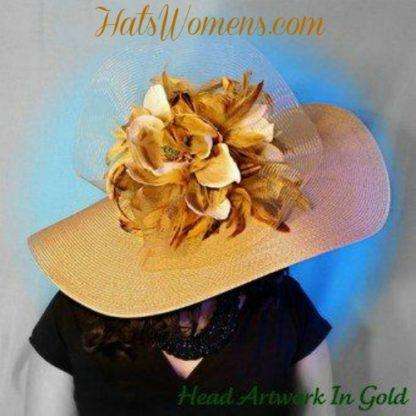 Antique Gold Wide Brim Kentucky Derby Designer Hat, Women's Hats - Image 3