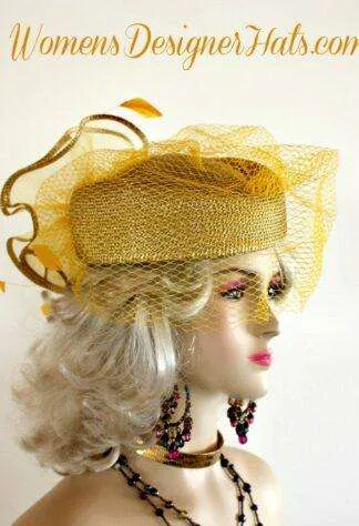 Ladies Metallic Gold Pillbox Birdcage Veil Designer Hat, Bridal Couture Headpiece Wedding Hats, Cocktail Hats, Fashion Hats, Holiday Hats, Winter Hats, Kentucky Derby Hats