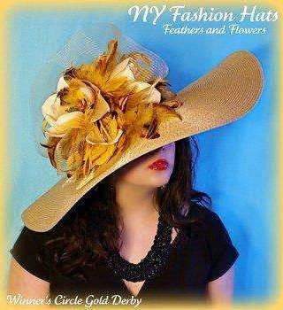 Antique Gold Wide Brim Kentucky Derby Designer Hat, Women's Hats