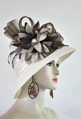 Ivory Beige Brown Formal Lampshade Wide Brim Special Occasion Wedding Hat, Races Bridal Dress Hats
