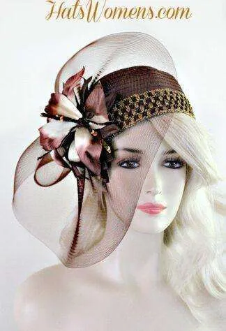 Ladies Brown Satin Cloche Flapper Pillbox Cocktail Hat, Women's Designer Hats