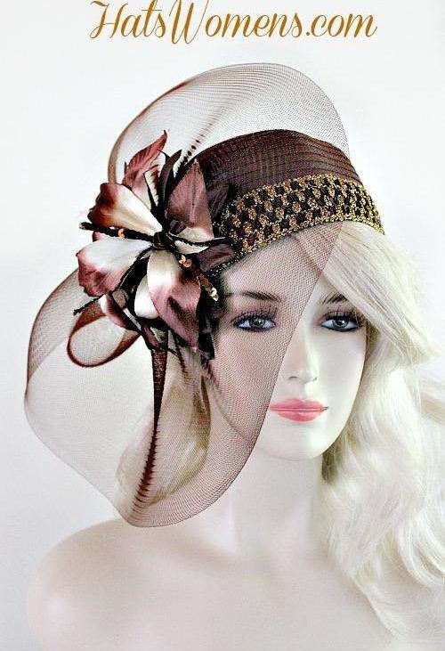 Ladies Brown Satin Cloche Flapper Pillbox Cocktail Hat, Women's Designer Hats